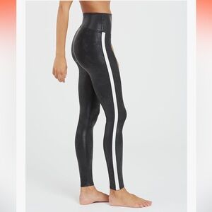 SPANX Black Faux Leather Leggings With White Stripe